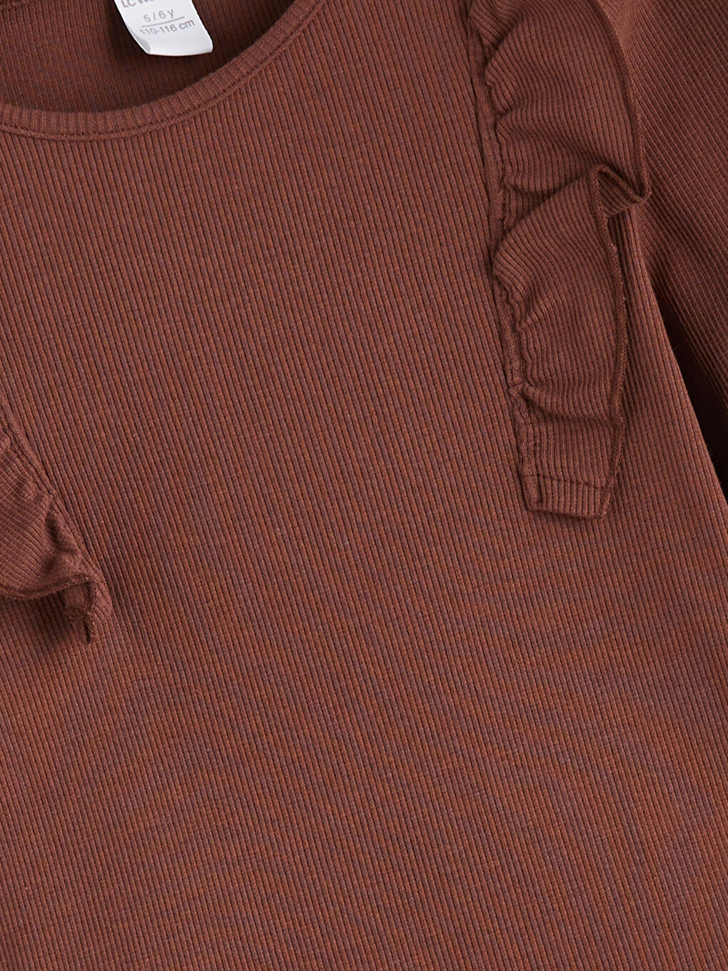 Kahverengi Bisiklet Yaka Uzun Kollu Fırfırlı Kız Çocuk Tişört-2