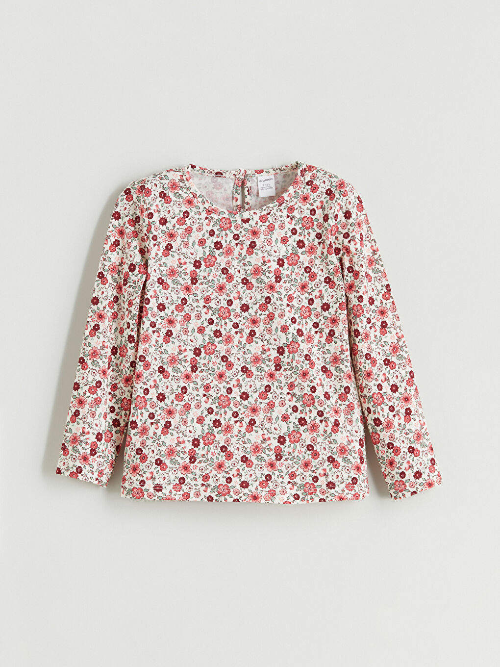 Ekru Çiçek Desenli Uzun Kollu Kız Çocuk Tişört