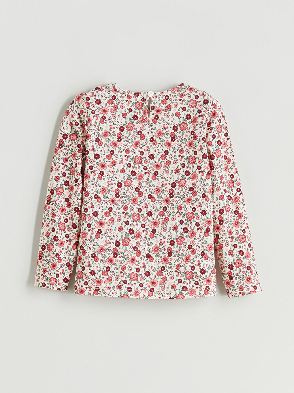 Ekru Çiçek Desenli Uzun Kollu Kız Çocuk Tişört-1