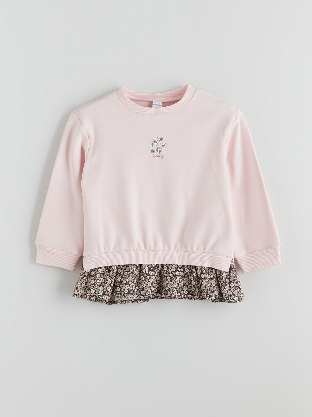 Pembe Bisiklet Yaka Çiçekli Kız Çocuk Sweatshirt