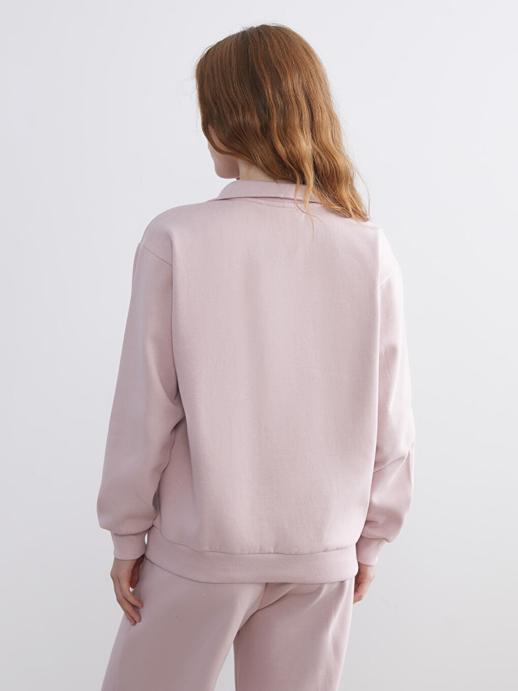 Pembe Dik Yaka Baskılı Oversize Kadın Kalın Sweatshirt-3