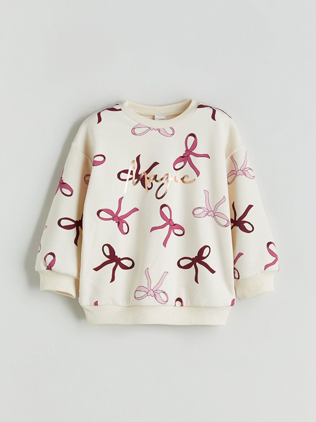 Ekru Bisiklet Yaka Baskılı Kız Çocuk Kalın Sweatshirt