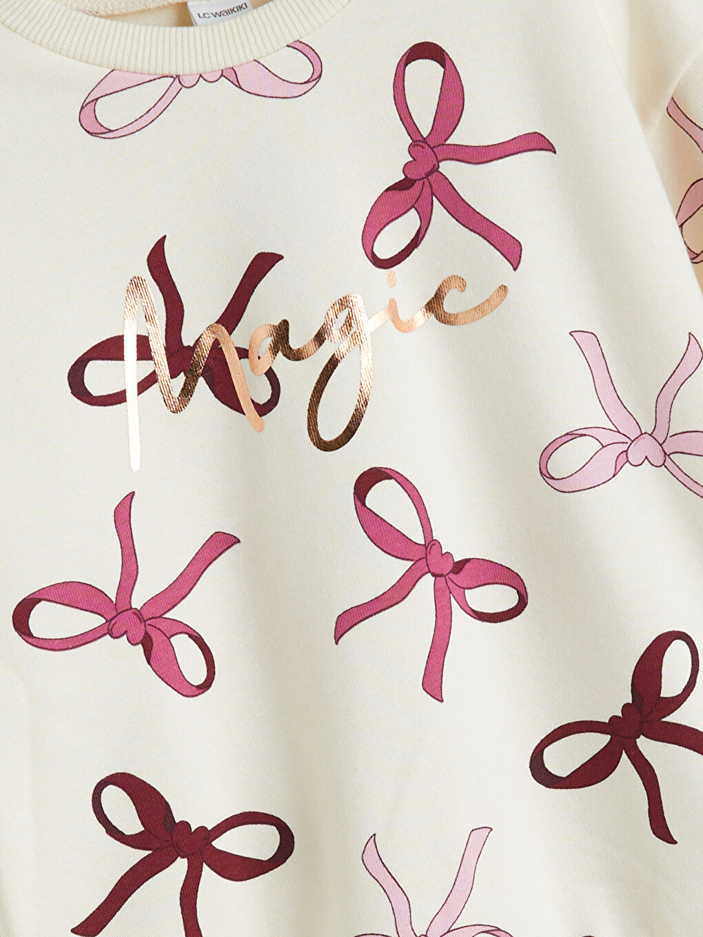 Ekru Bisiklet Yaka Baskılı Kız Çocuk Kalın Sweatshirt-1