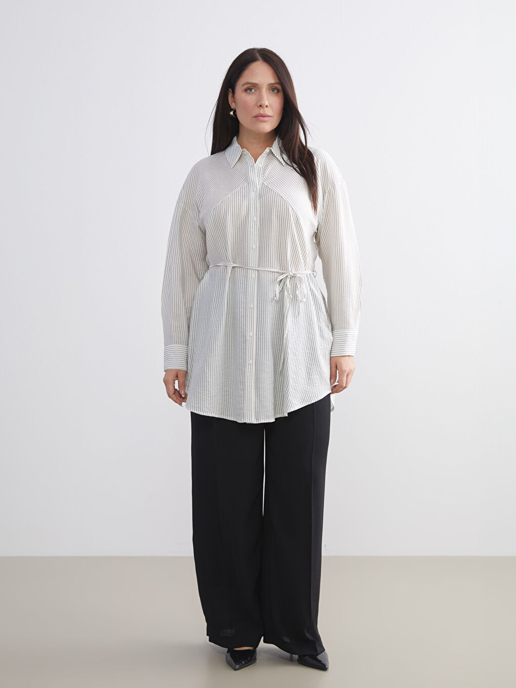 Ekru Çizgili Kadın Gömlek Tunik-1