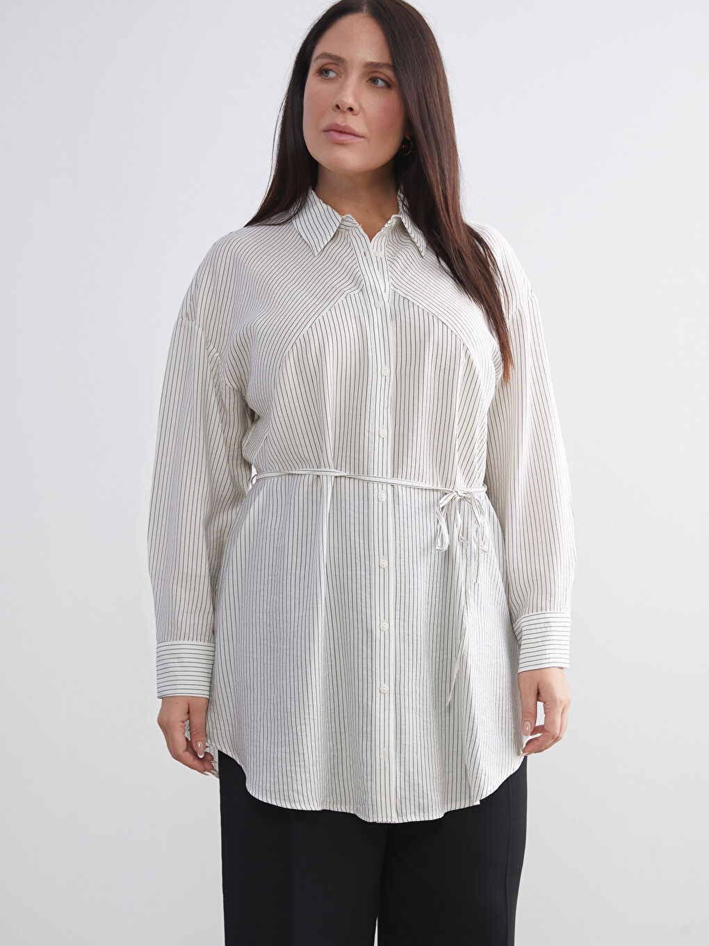 Ekru Çizgili Kadın Gömlek Tunik-5
