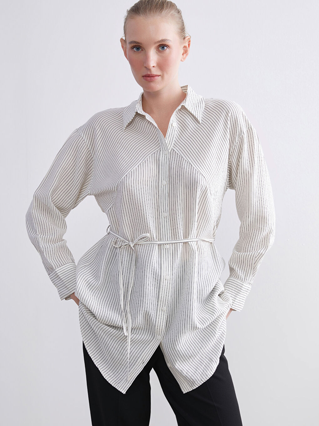 Ekru Çizgili Kadın Gömlek Tunik