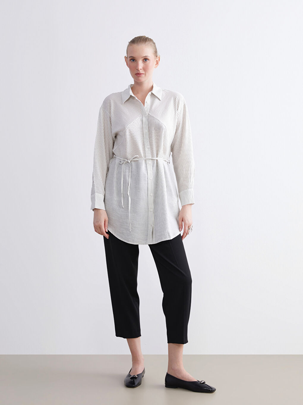 Ekru Çizgili Kadın Gömlek Tunik-2