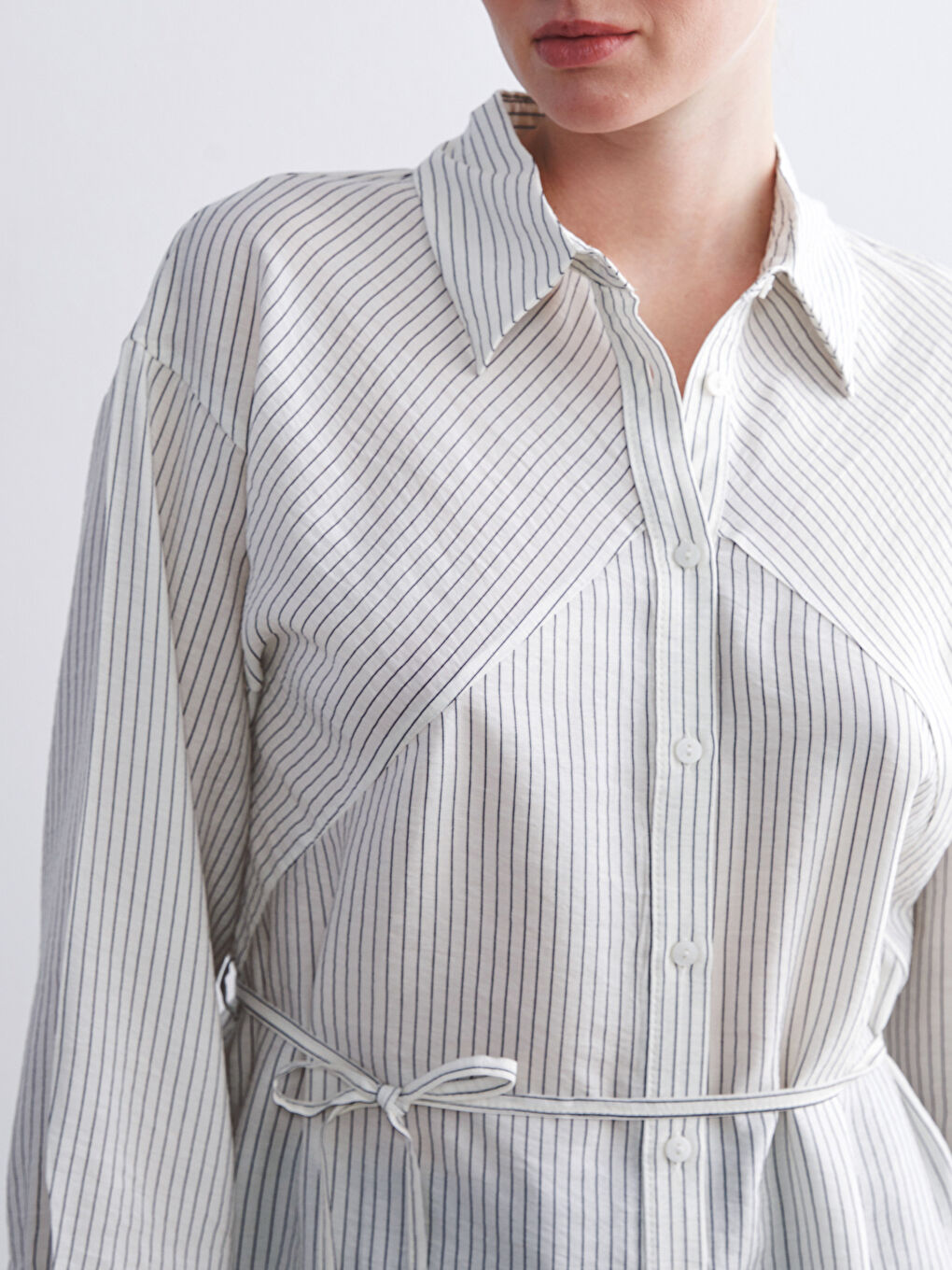 Ekru Çizgili Kadın Gömlek Tunik-3