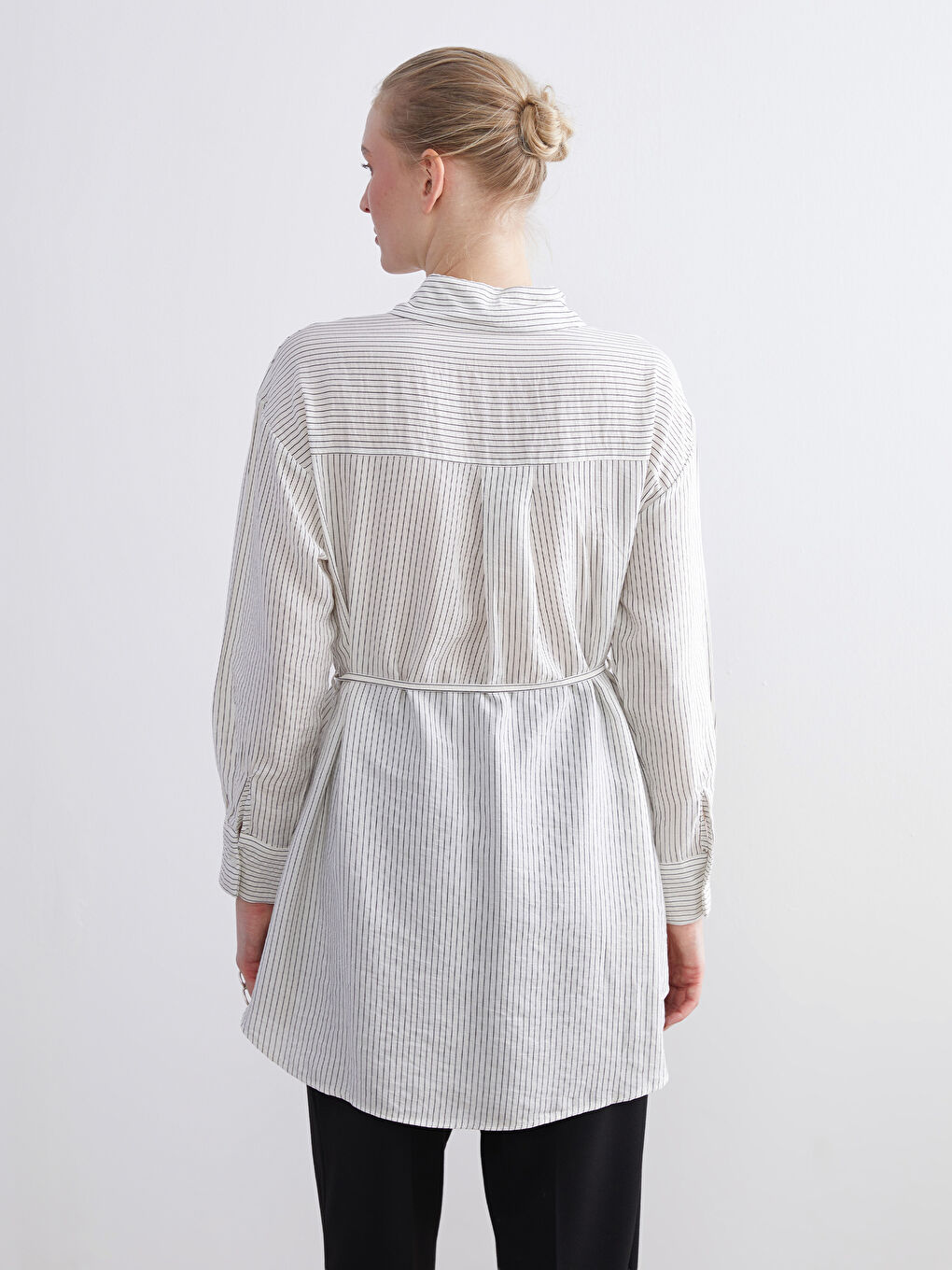 Ekru Çizgili Kadın Gömlek Tunik-4