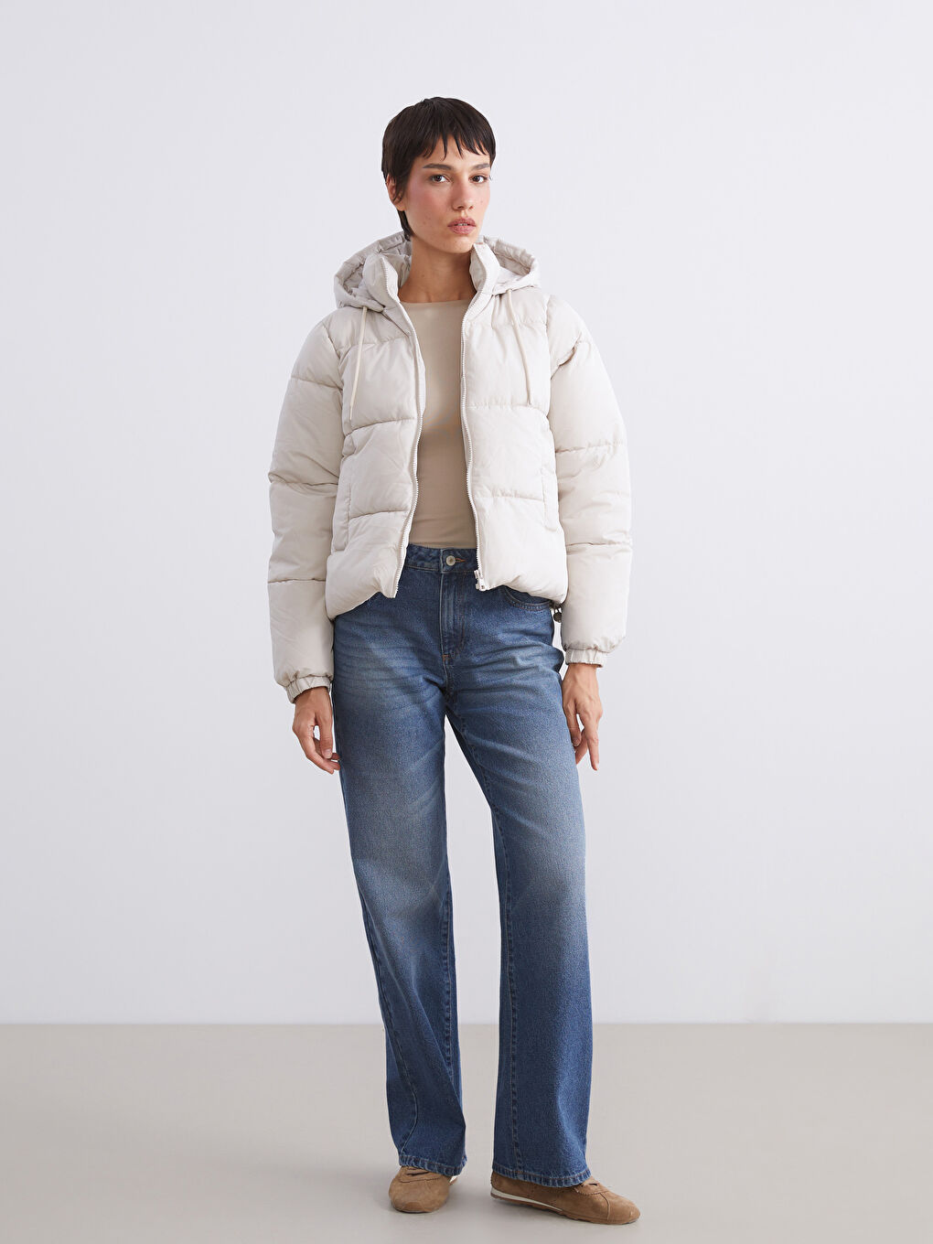 Žena EKRU Puffer jakna/napuhana deblja jakna-1