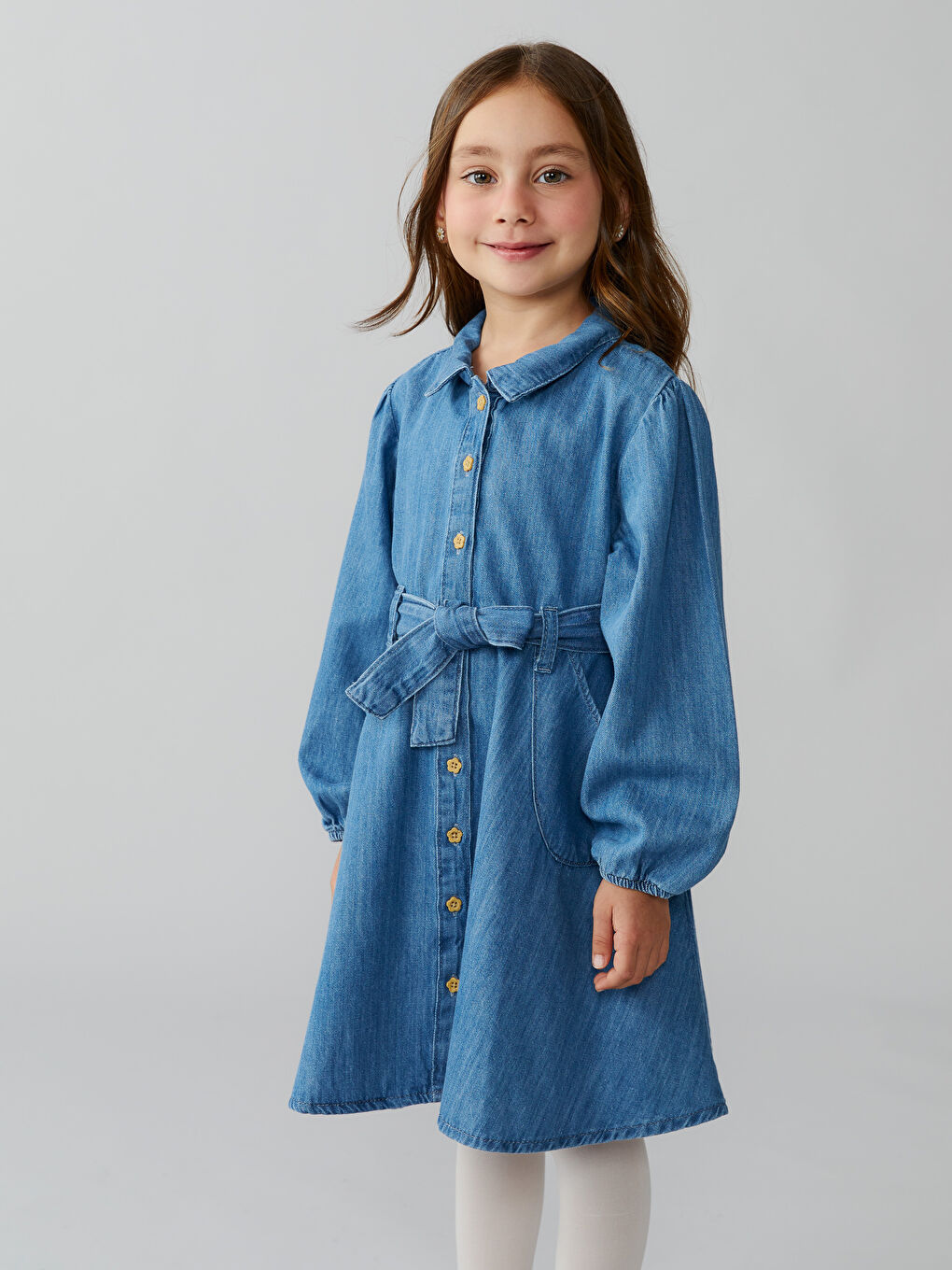 İndigo Gömlek Yaka Kız Çocuk Jean Elbise-1