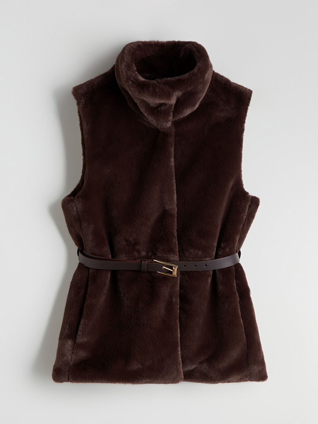 Kahverengi Dik Yaka Beli Kemerli Kadın Kürk Yelek-7