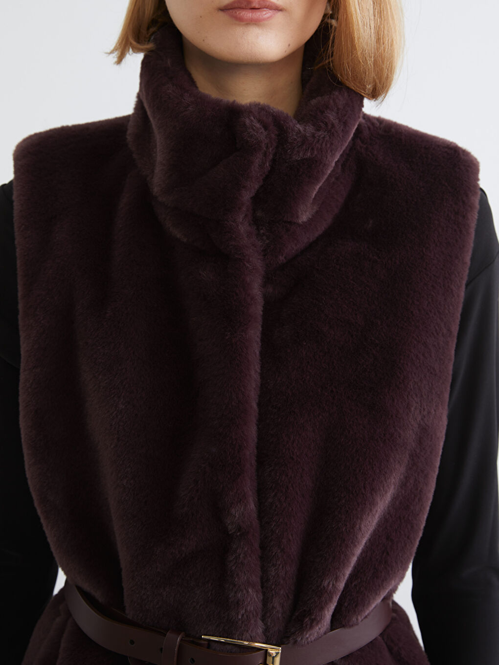 Bordo Dik Yaka Beli Kemerli Kadın Kürk Yelek-2