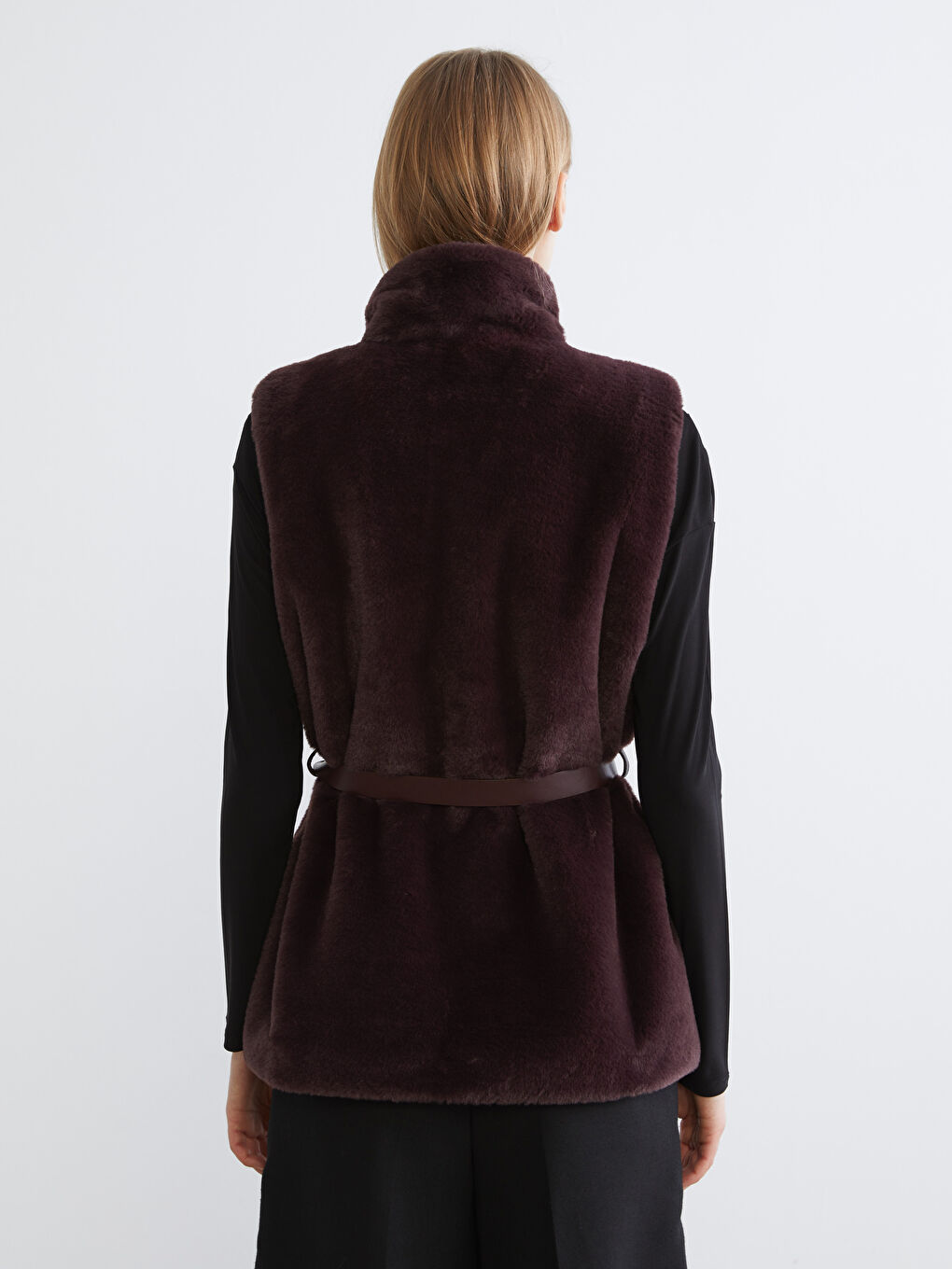 Bordo Dik Yaka Beli Kemerli Kadın Kürk Yelek-3