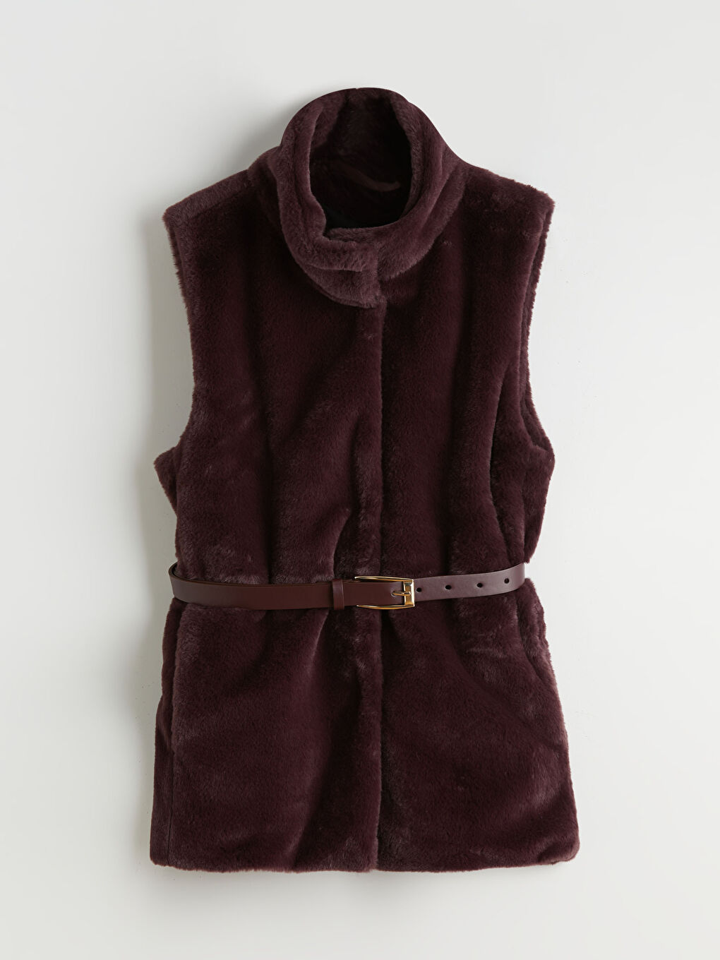 Bordo Dik Yaka Beli Kemerli Kadın Kürk Yelek-4