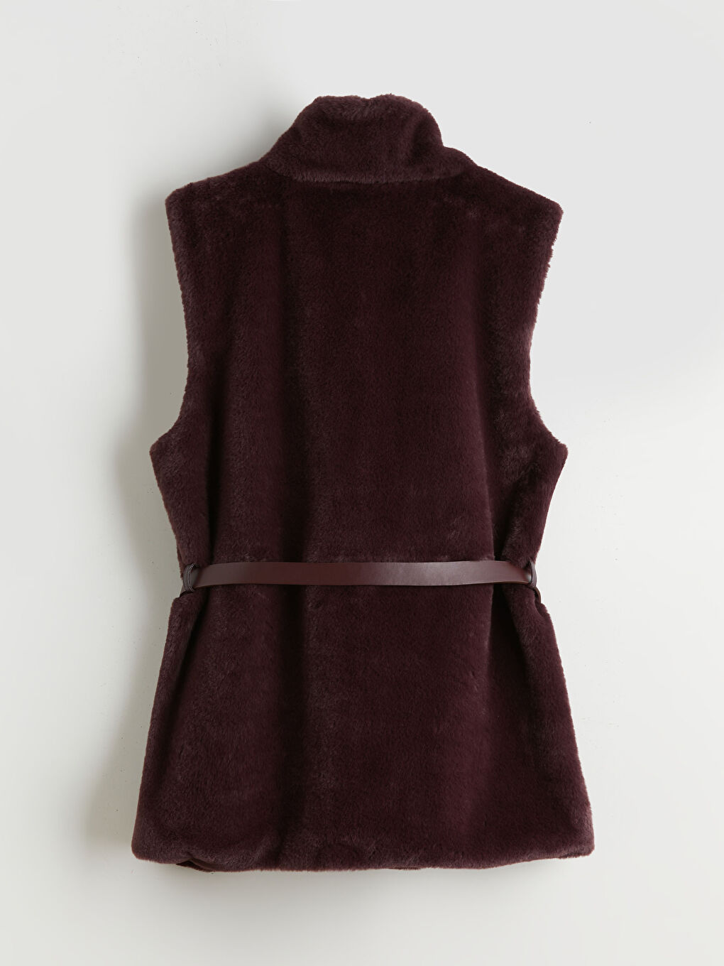 Bordo Dik Yaka Beli Kemerli Kadın Kürk Yelek-5