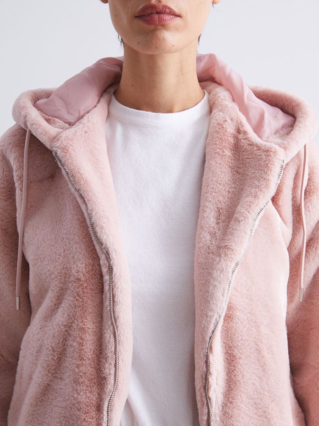 Pembe Kapüşonlu Kadın Kürk Ceket-2