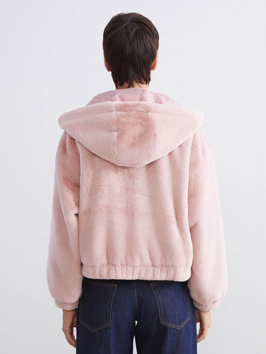 Pembe Kapüşonlu Kadın Kürk Ceket-4