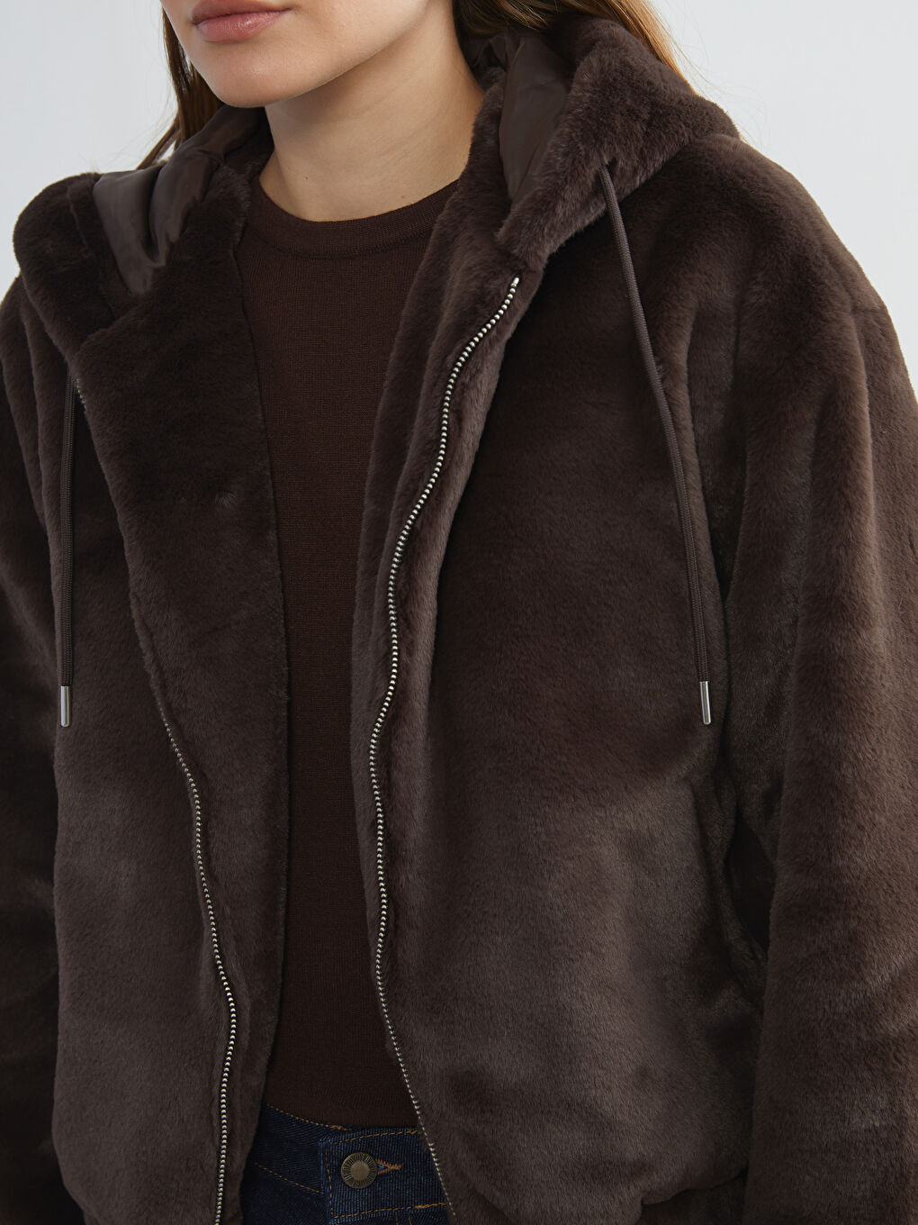 Kahverengi Kapüşonlu Kadın Kürk Ceket-2