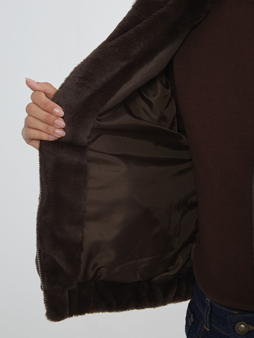 Kahverengi Kapüşonlu Kadın Kürk Ceket-3