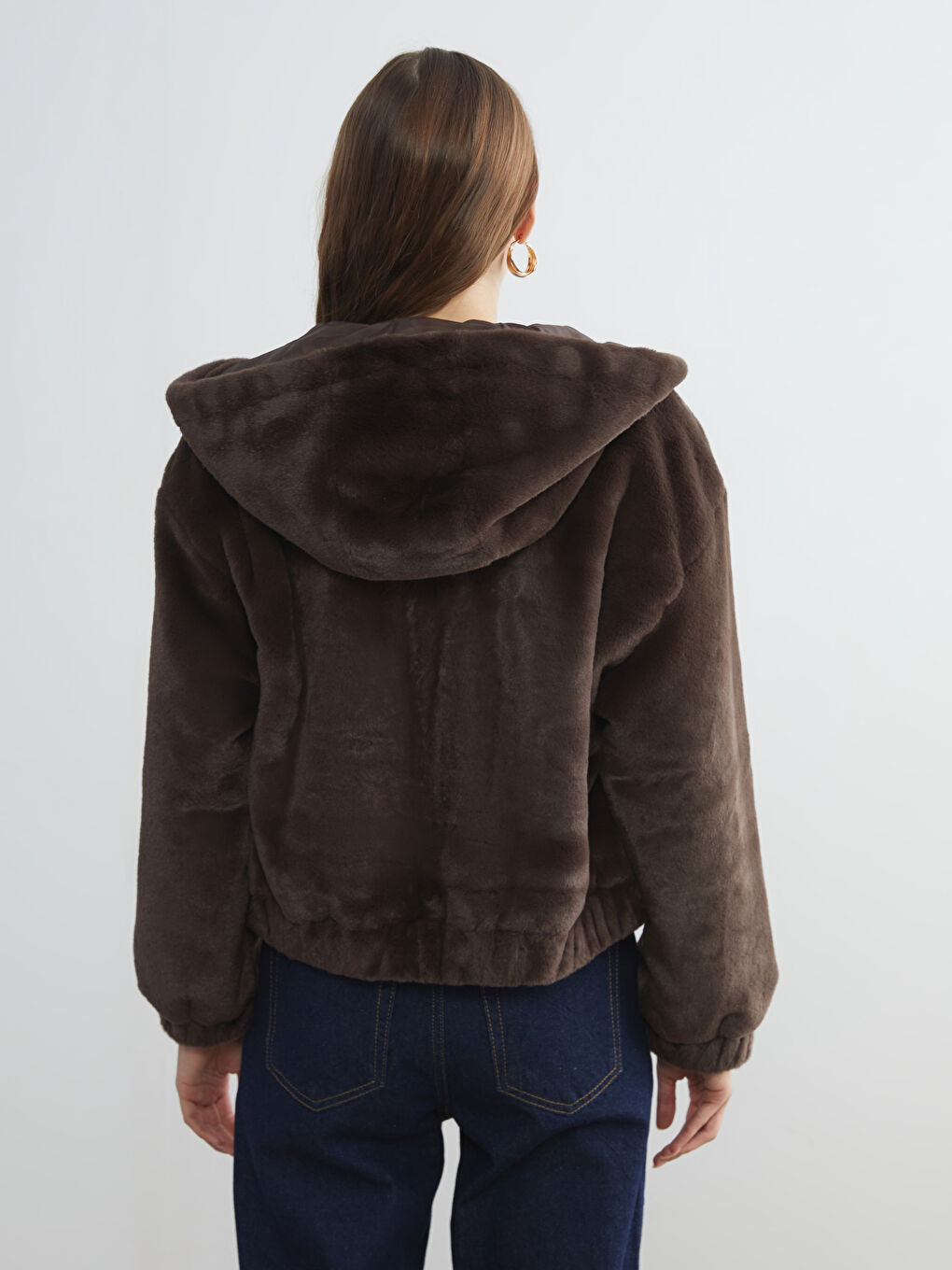 Kahverengi Kapüşonlu Kadın Kürk Ceket-4
