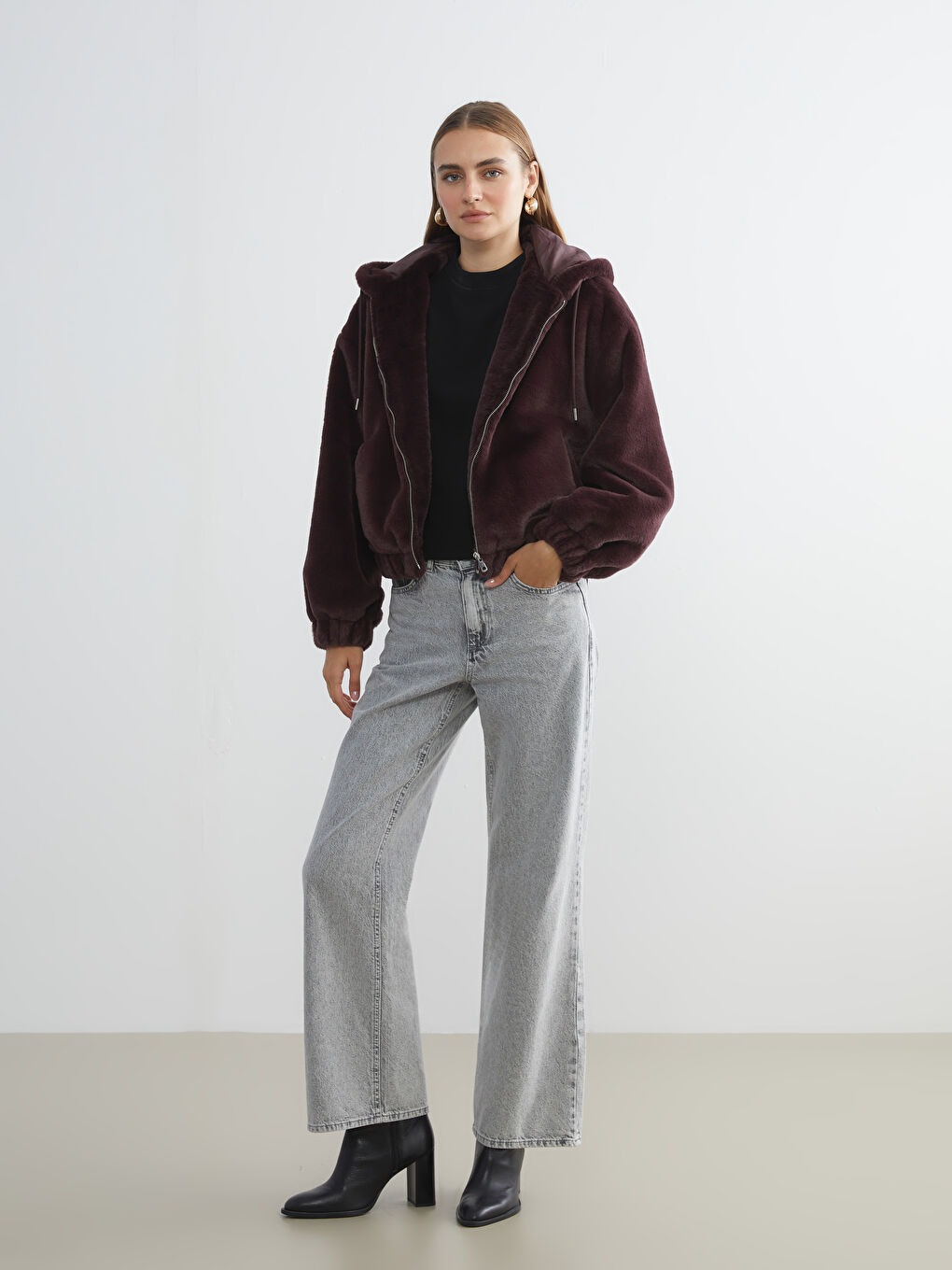 Bordo Kapüşonlu Kadın Kürk Ceket-1