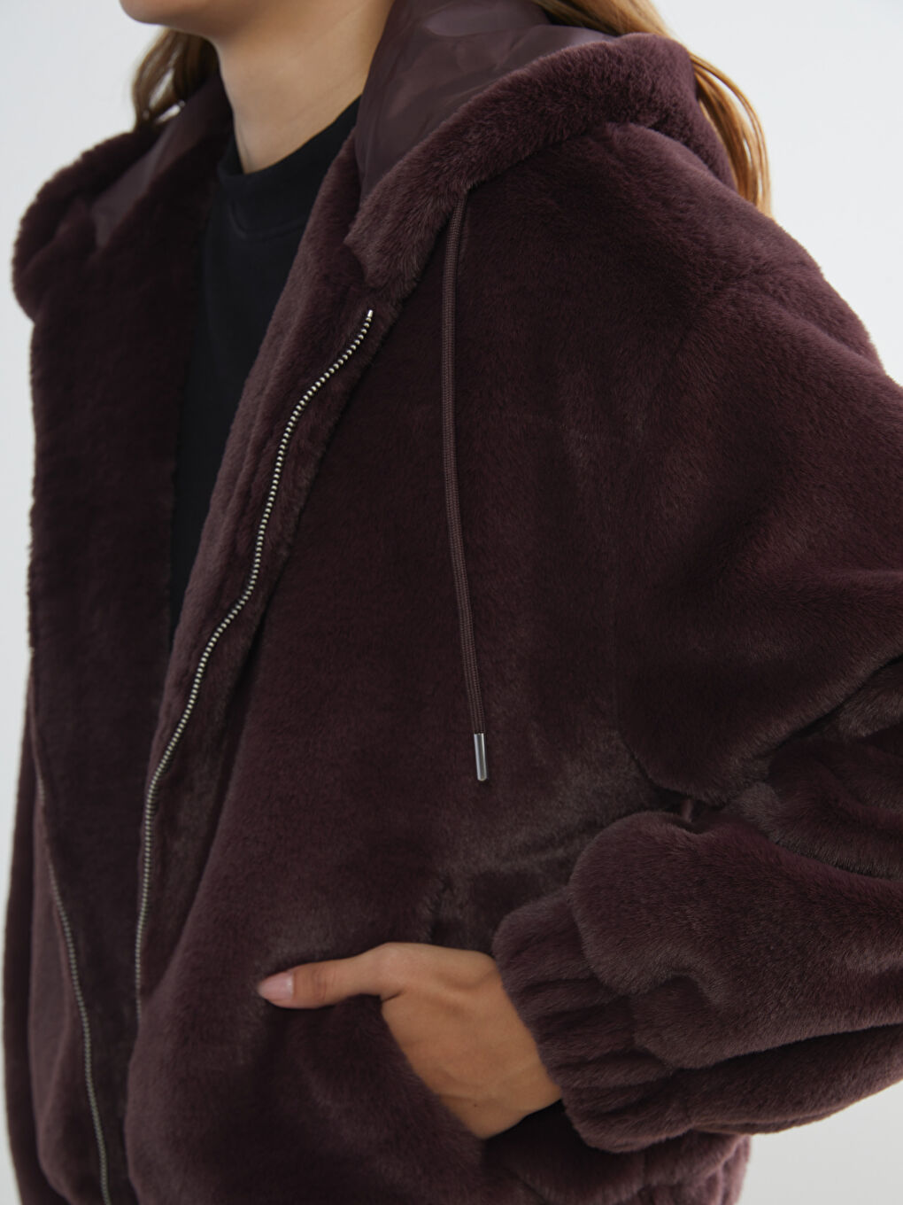 Bordo Kapüşonlu Kadın Kürk Ceket-2