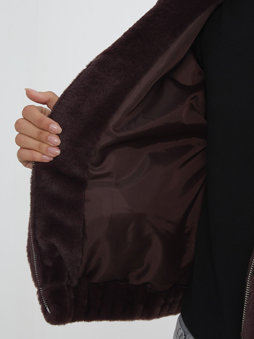 Bordo Kapüşonlu Kadın Kürk Ceket-3