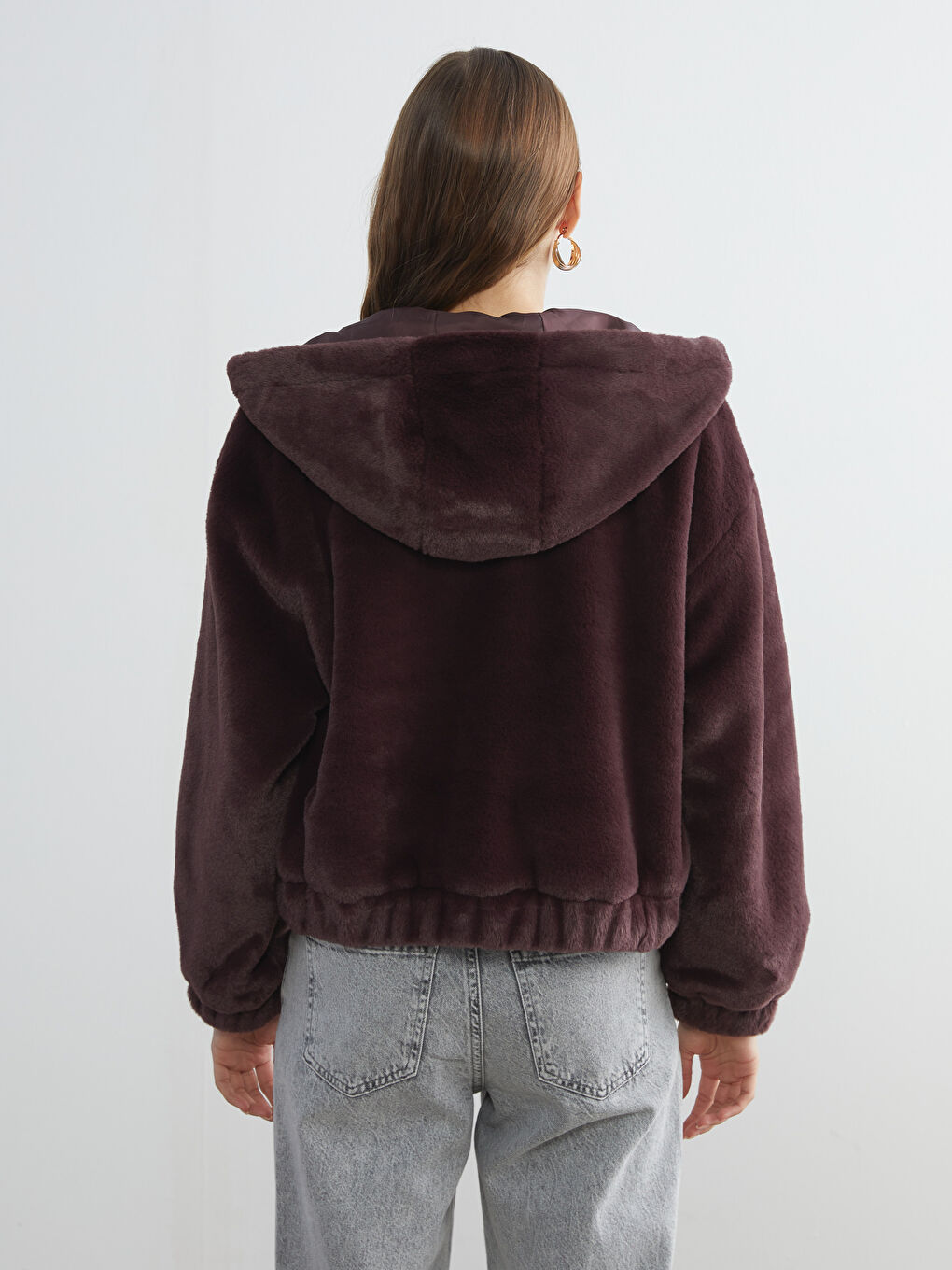 Bordo Kapüşonlu Kadın Kürk Ceket-4