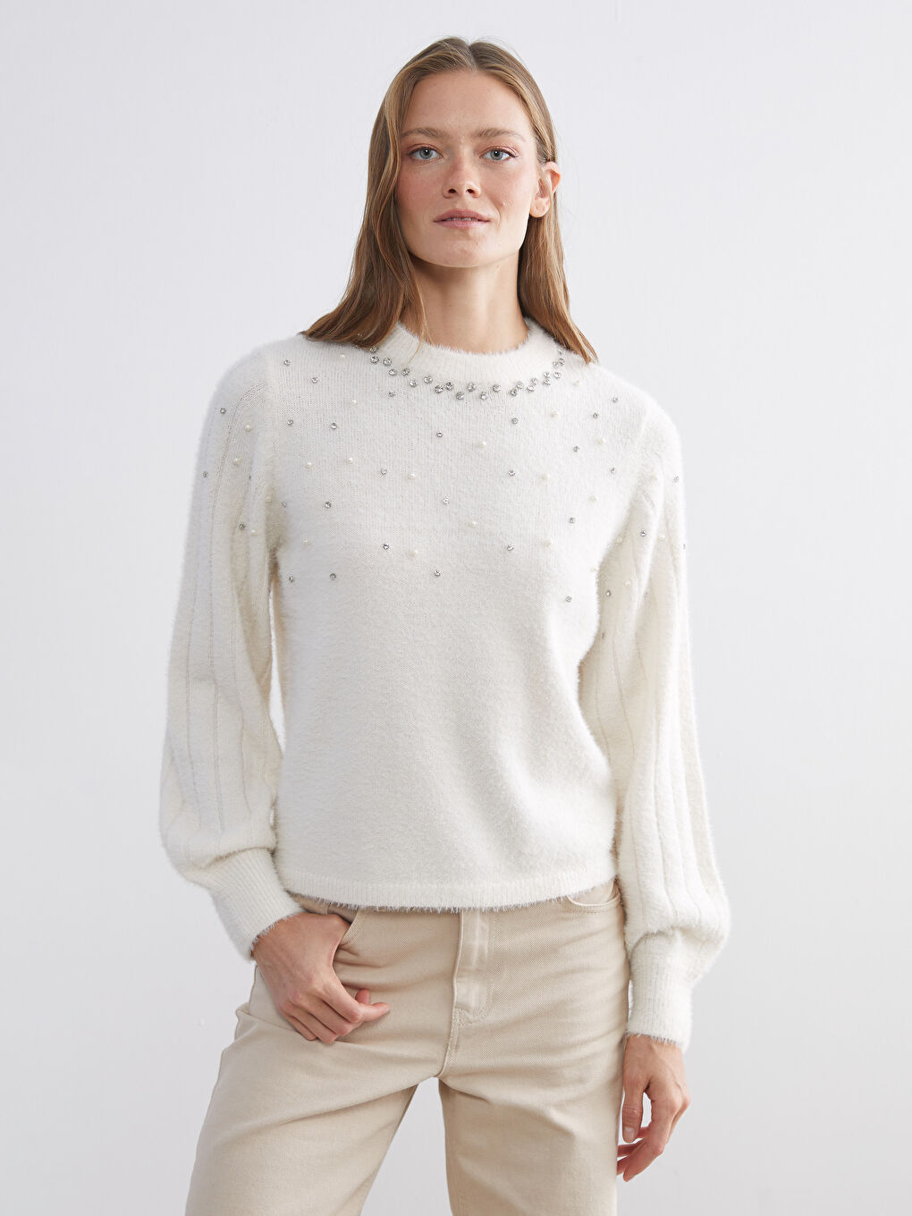 Crew Neck Rhinestone Embellished Women's Knit Sweater