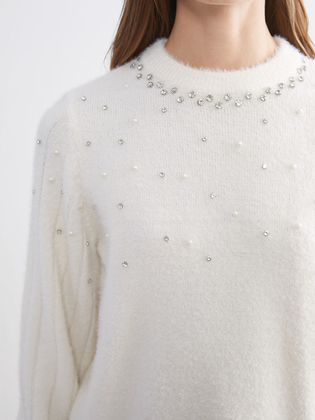 Crew Neck Rhinestone Embellished Women's Knit Sweater-2