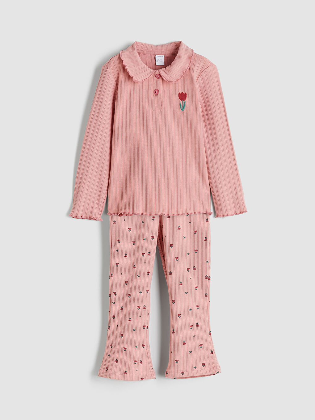 Pembe Polo Yaka Çiçekli Kız Çocuk Tişört ve Tayt