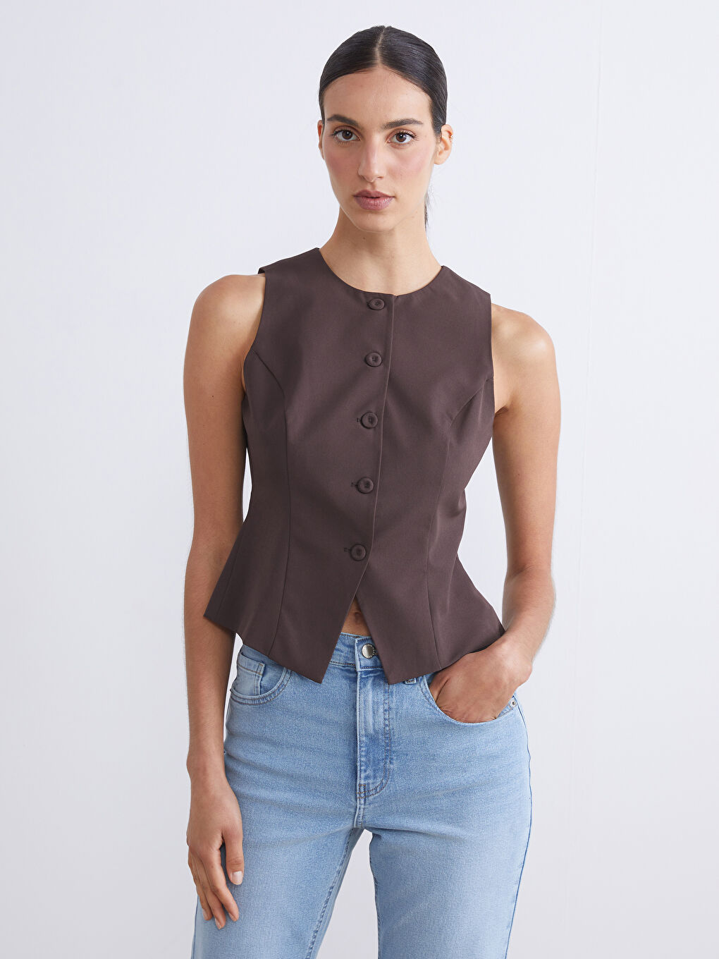 Kahverengi Bisiklet Yaka Kadın Klasik Yelek-1