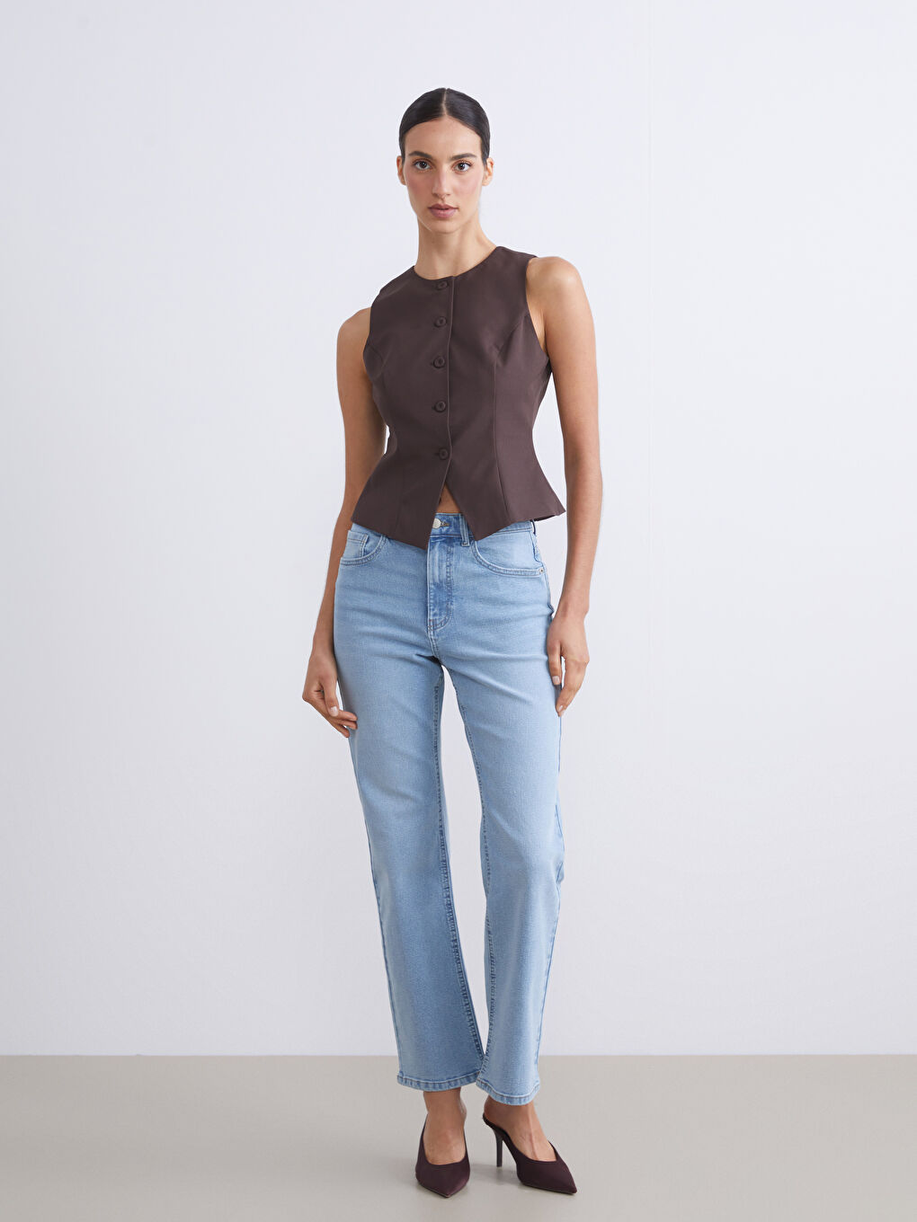 Kahverengi Bisiklet Yaka Kadın Klasik Yelek-2