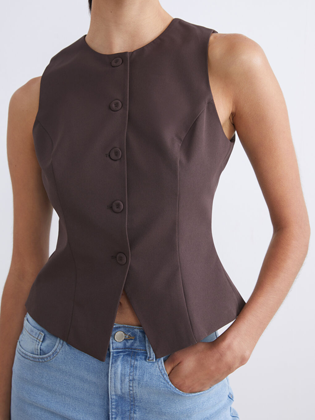 Kahverengi Bisiklet Yaka Kadın Klasik Yelek-4