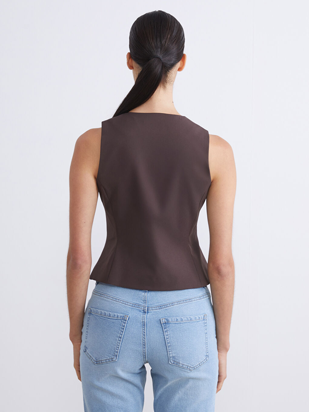 Kahverengi Bisiklet Yaka Kadın Klasik Yelek-6