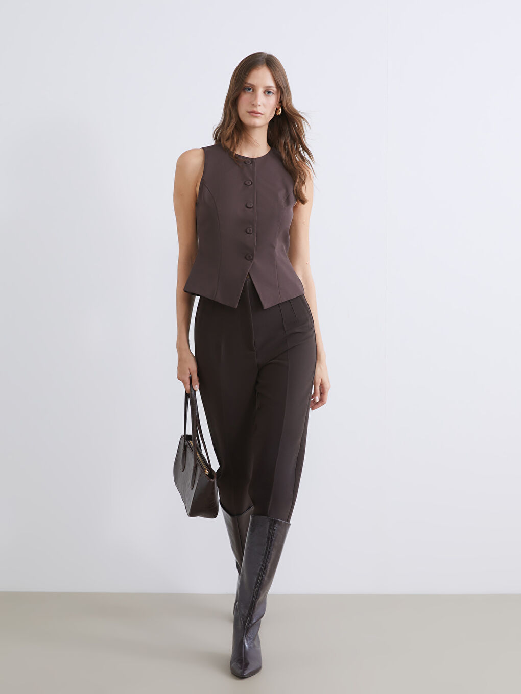 Kahverengi Bisiklet Yaka Kadın Klasik Yelek-3