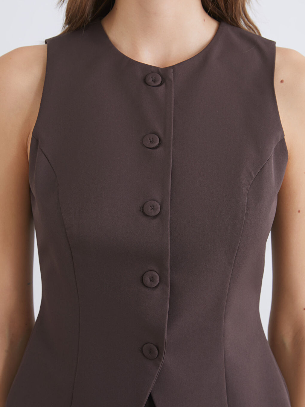 Kahverengi Bisiklet Yaka Kadın Klasik Yelek-5