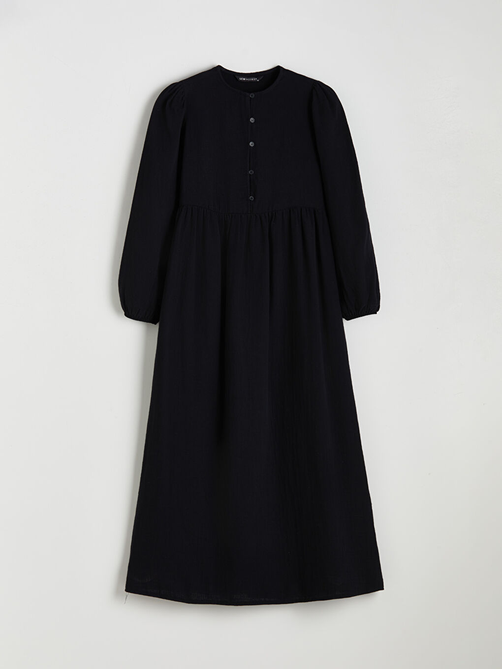 Siyah Bisiklet Yaka Dokulu Müslin Pileli Elbise-4