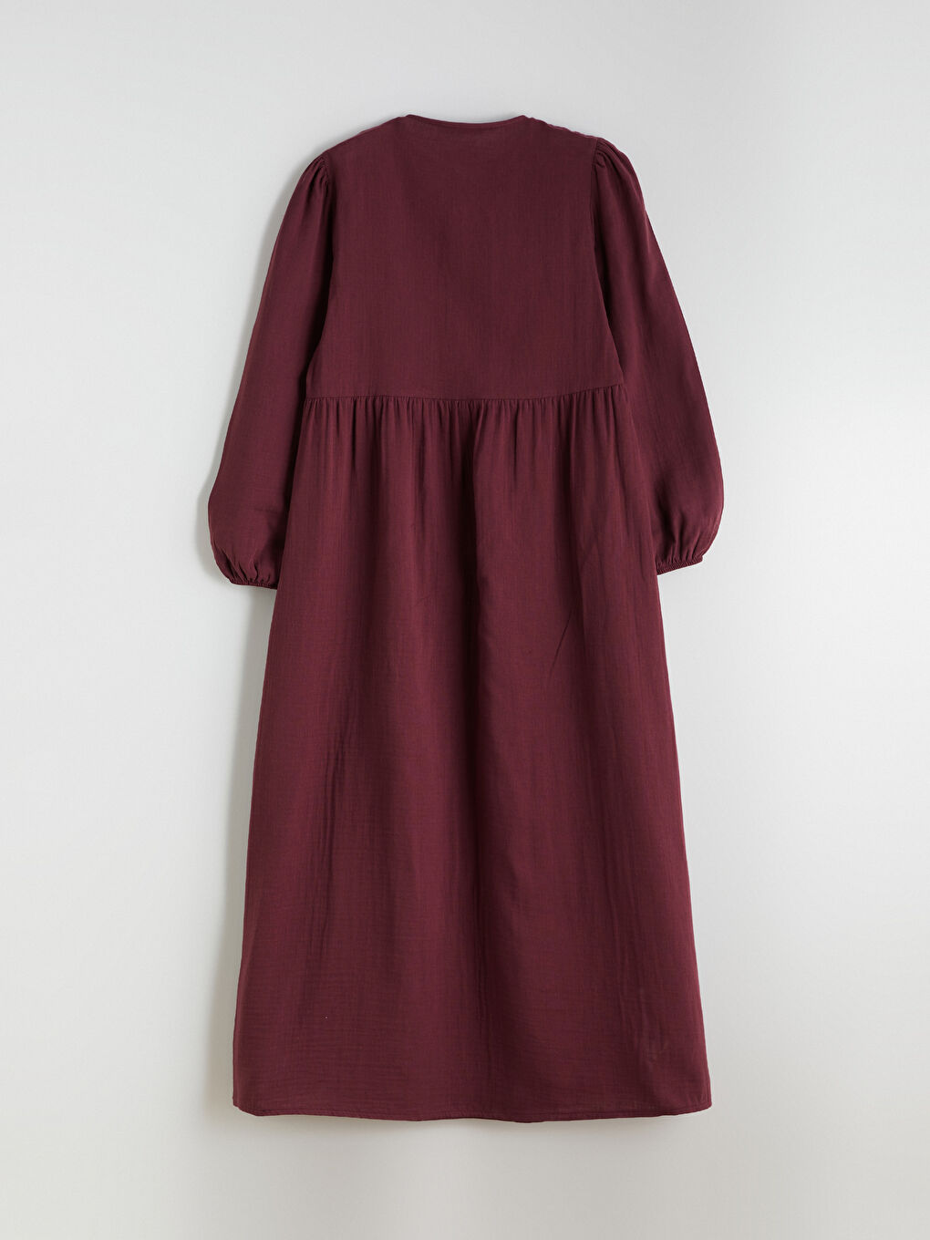 Bordo Bisiklet Yaka Dokulu Müslin Pileli Elbise-5