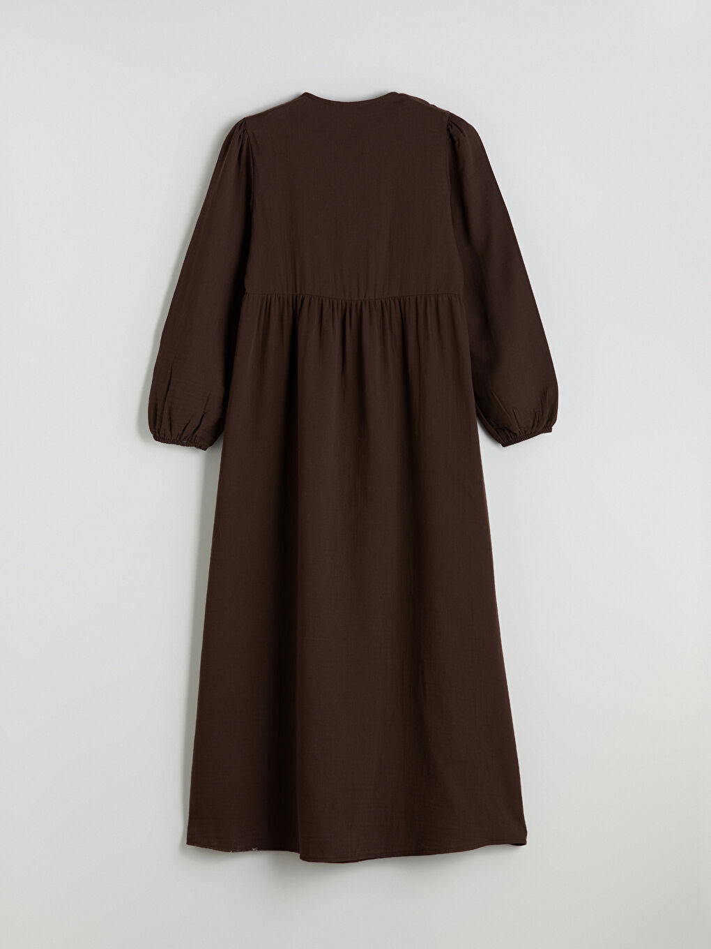 Kahverengi Bisiklet Yaka Dokulu Müslin Pileli Elbise-5