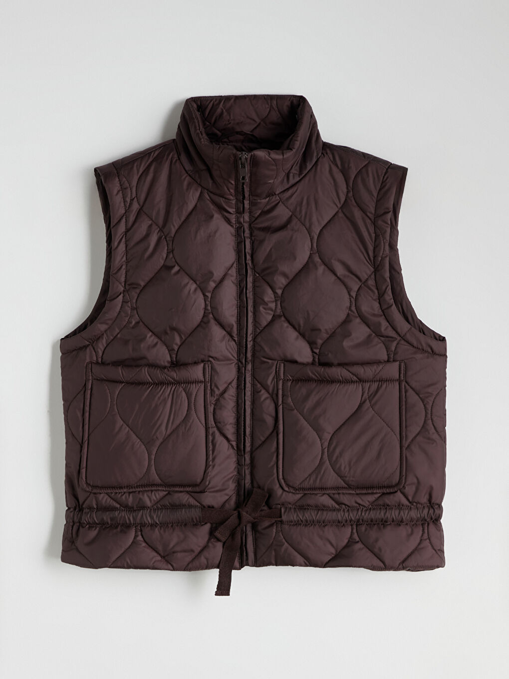 Kahverengi Dik Yaka Kapitone Oversize Kadın Şişme Yelek-5