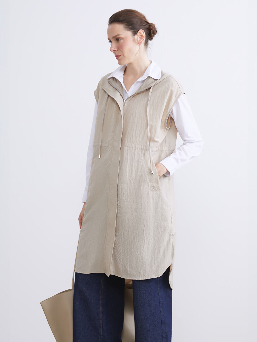 Hooded Poplin Oversize Women's Waistcoat
