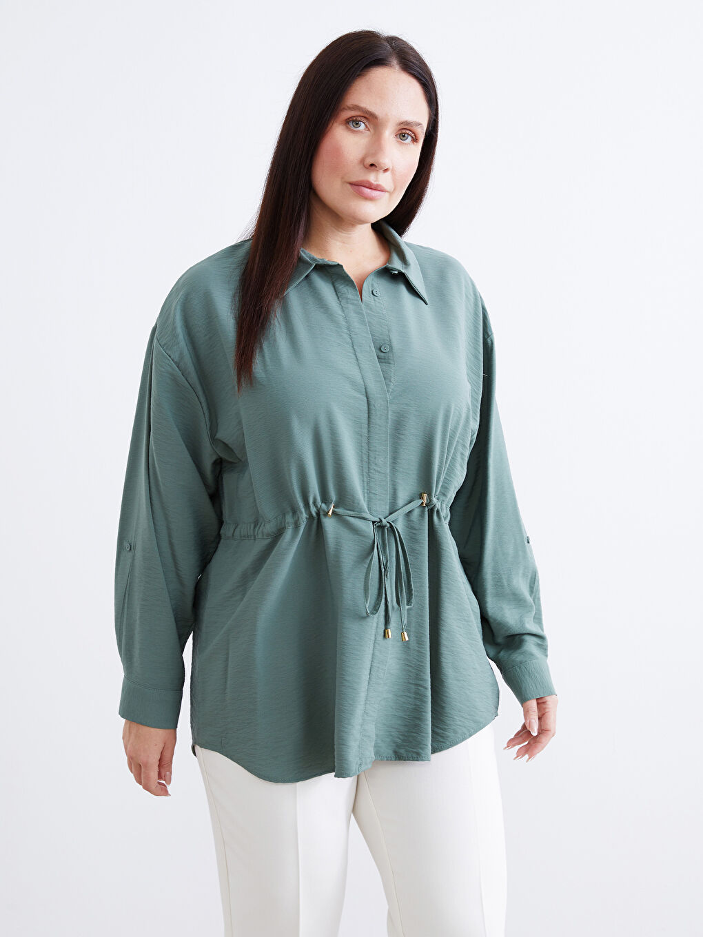 Yeşil Bağlama Detaylı Kadın Gömlek Tunik-1
