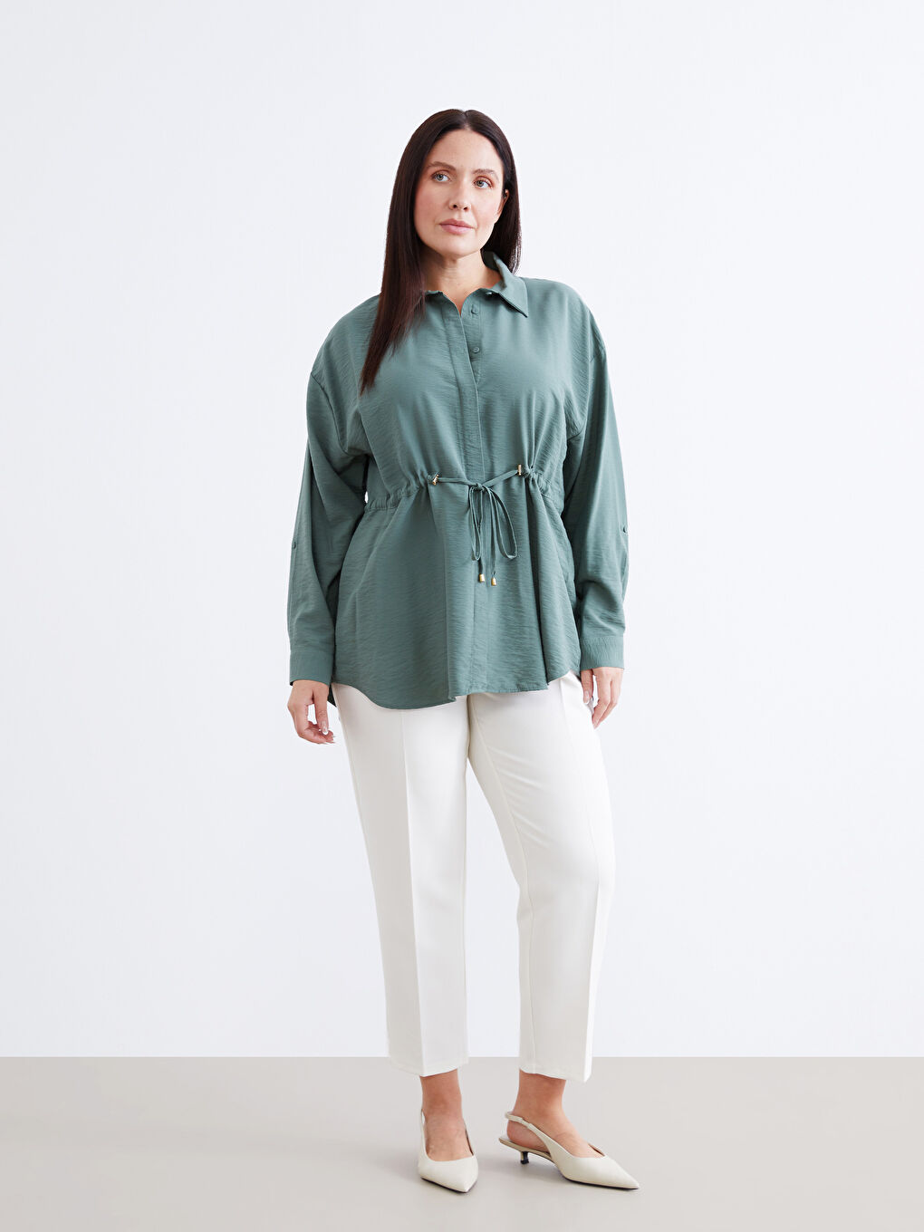 Yeşil Bağlama Detaylı Kadın Gömlek Tunik-5