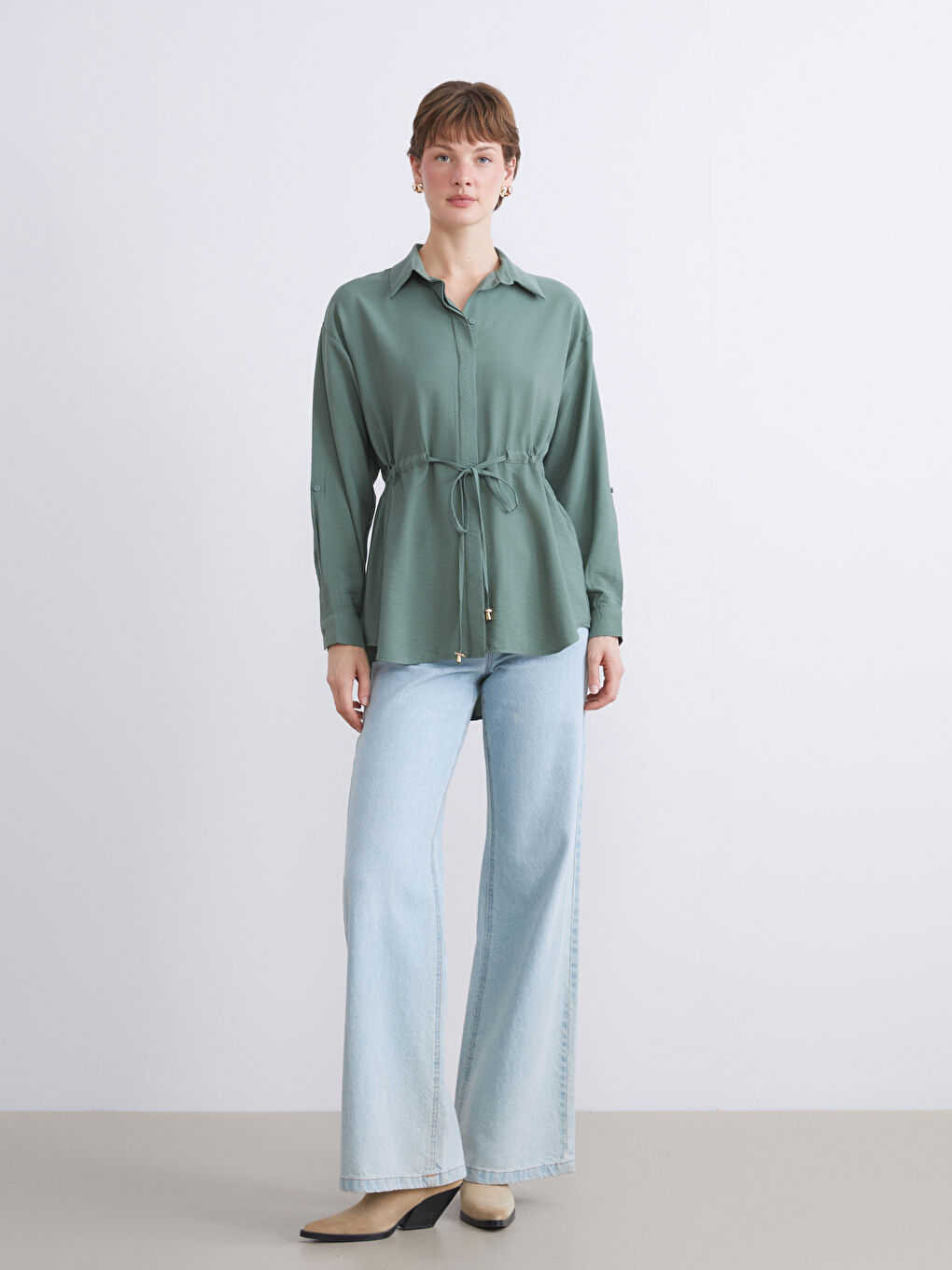 Yeşil Bağlama Detaylı Kadın Gömlek Tunik-2