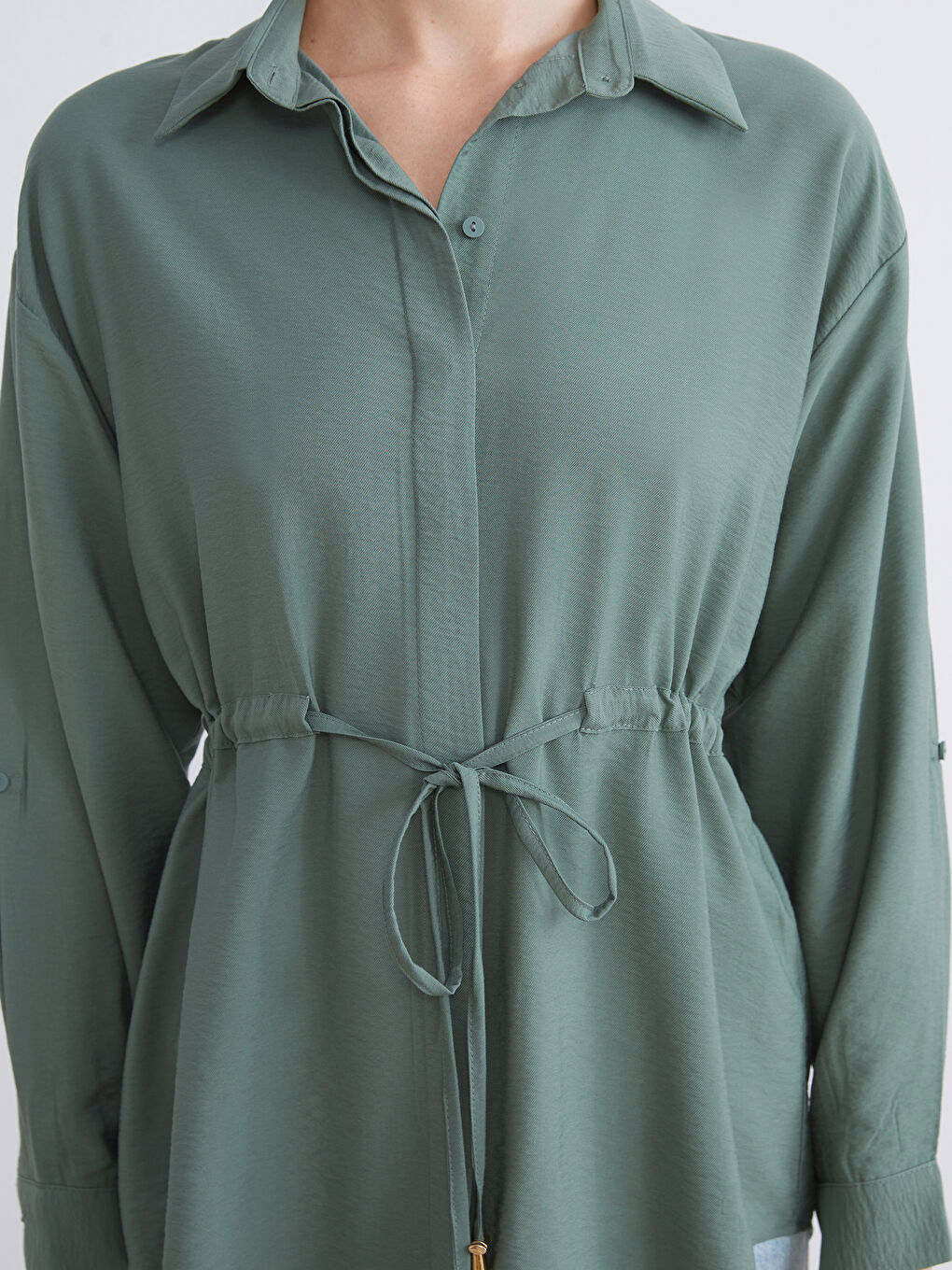 Yeşil Bağlama Detaylı Kadın Gömlek Tunik-3