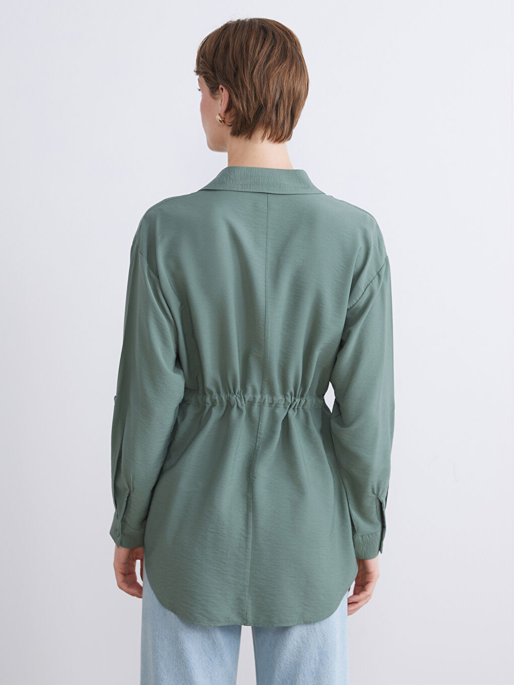 Yeşil Bağlama Detaylı Kadın Gömlek Tunik-4