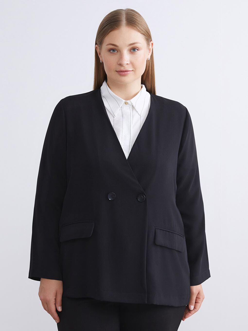 Siyah V Yaka Krep Kadın Blazer Ceket-1