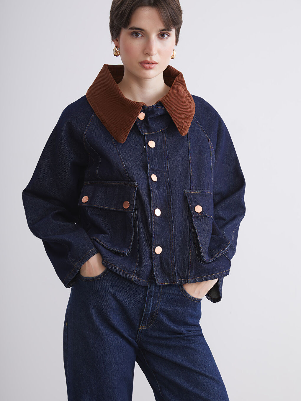 İndigo Gömlek Yaka Oversize Kadın Jean Ceket